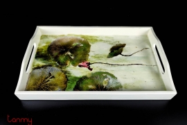 Cream rectangular lacquer tray with  hand-painted lotus 20*32cm